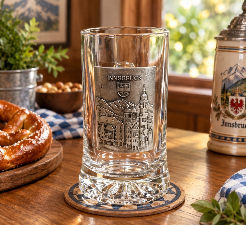 Vintage Innsbruck Austria Souvenir Beer Glass Mug with Pewter Emblem EXC